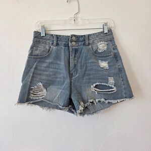 Distressed Denim Booty Short Shorts Daisy Duke Ripped High Waist Medium Wash 28"